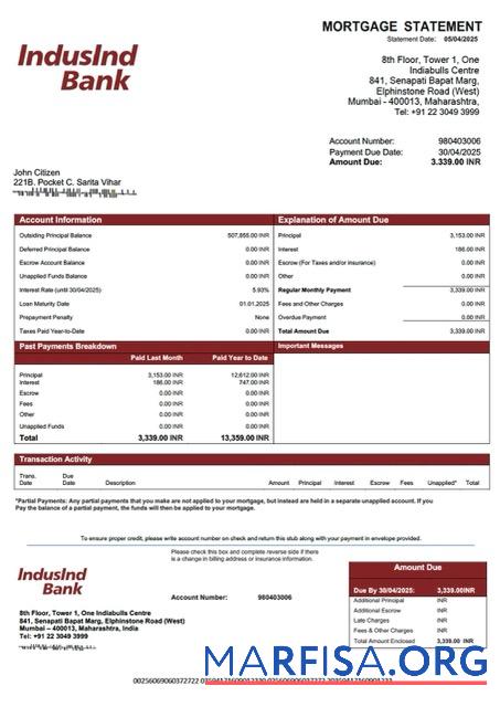 Downloadable India IndusInd Bank mortgage statement Word and PDF template